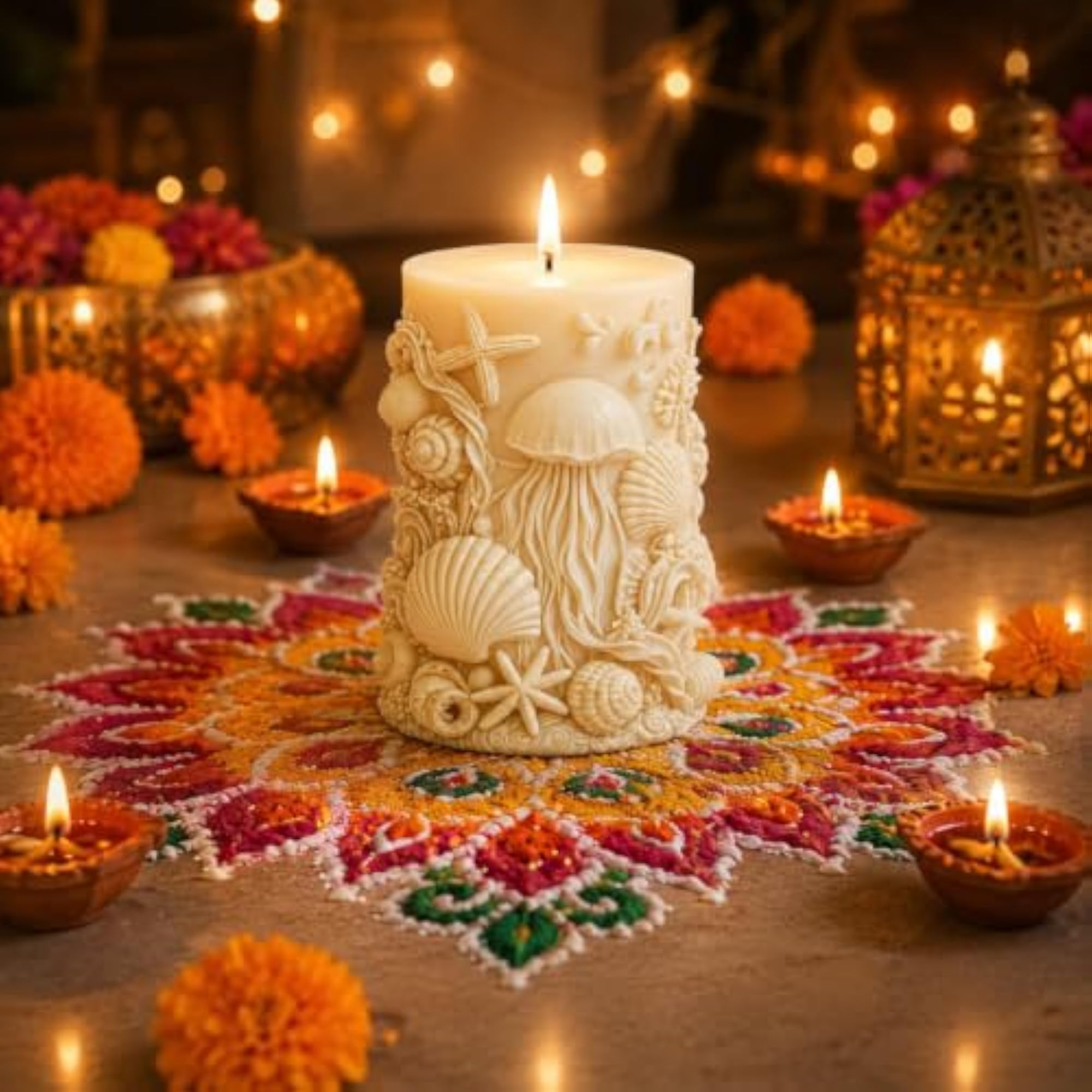 Sea Shell Elegance Ivory Sculpted Pillar Candle